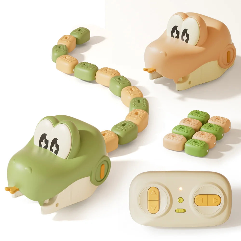 Two-pack green and beige magnetic snake toy set with remotes and number blocks